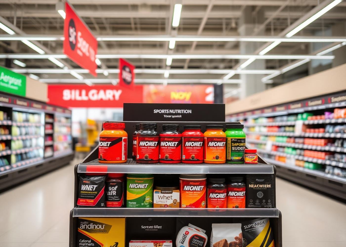 Sports nutrition end-cap retail display featuring Animal Pak in a UAE supermarket